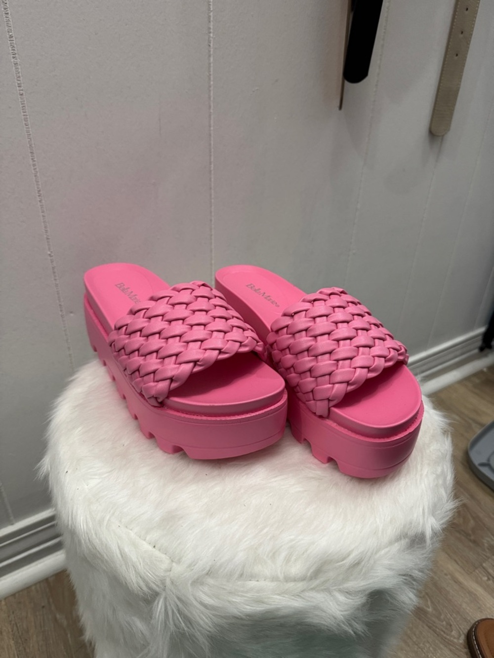 Bella Marie Pink Woven Platform Slide Sandals